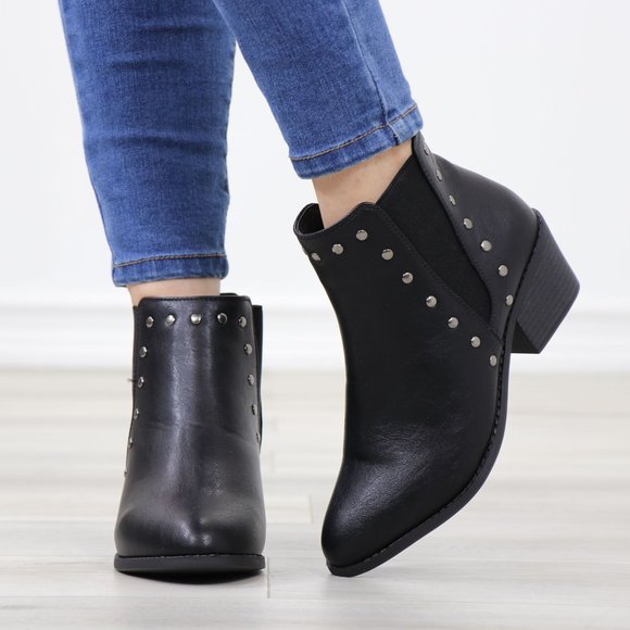 Black Synthetic Leather Chelsea Pointed Toe Low Heel Ankle Boots Metal Studs - Picture 9 of 12